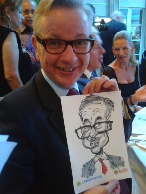 Caricature of Michael Gove drawn on the spot at a party by Live Caricaturist in London Simon Ellinas