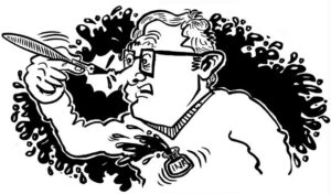 Caricaturist Simon Ellinas drawing caricature of himself