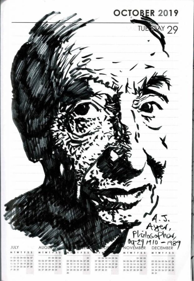 Graphic Drawing of A. J. Ayer for Caricature Diary